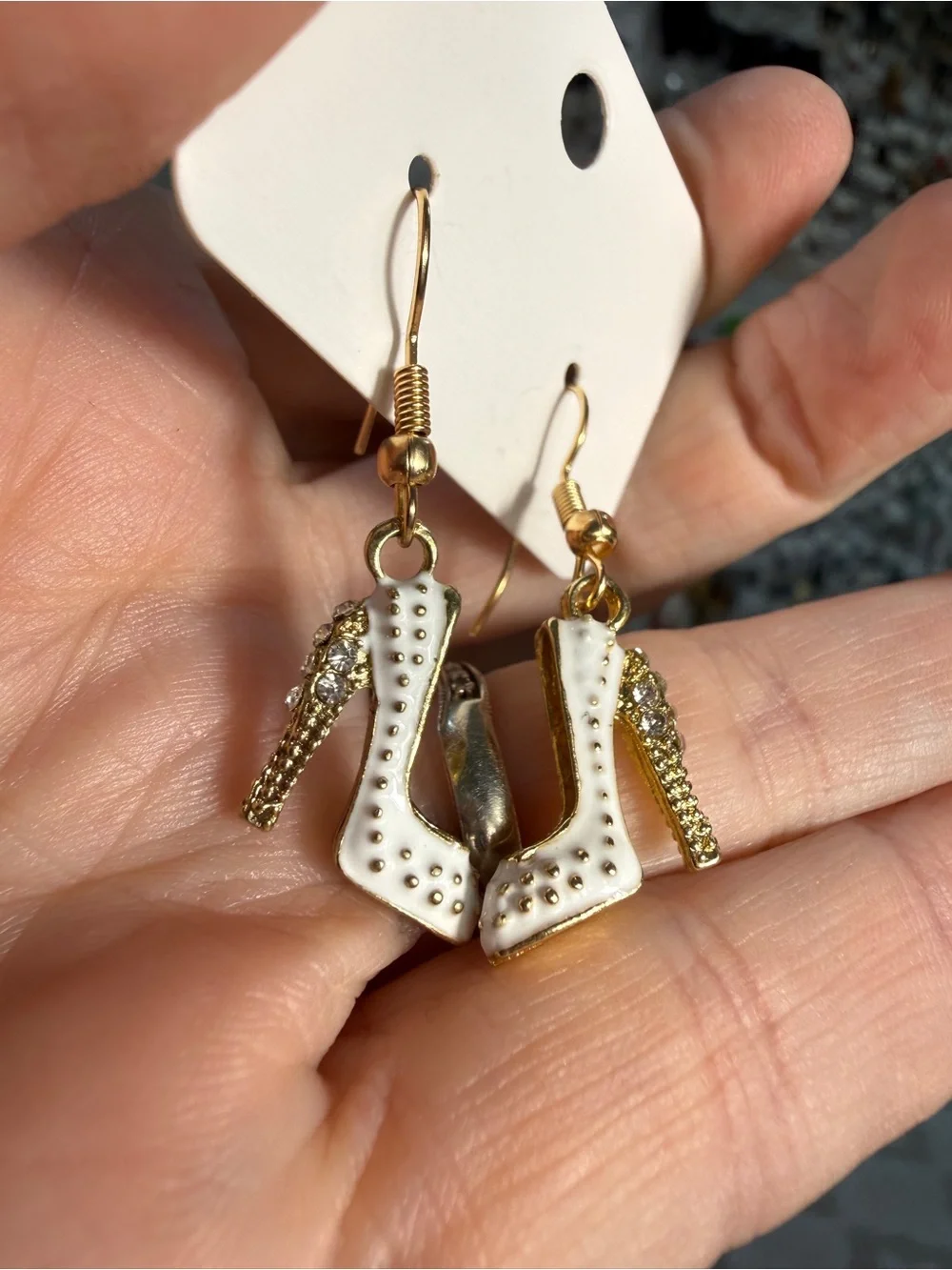 Gold & White High Heel Charm Drop Earrings